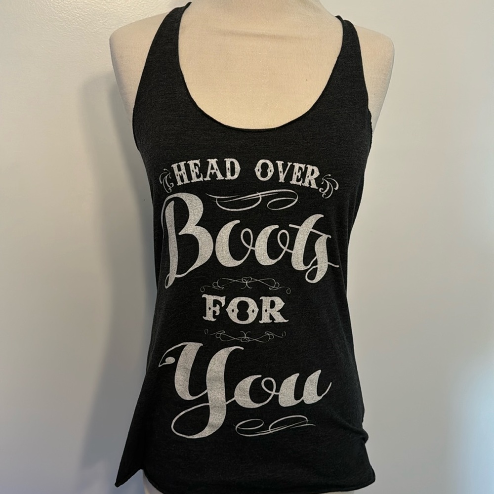 Heather Gray jersey tback tank “head over boots for you” size small